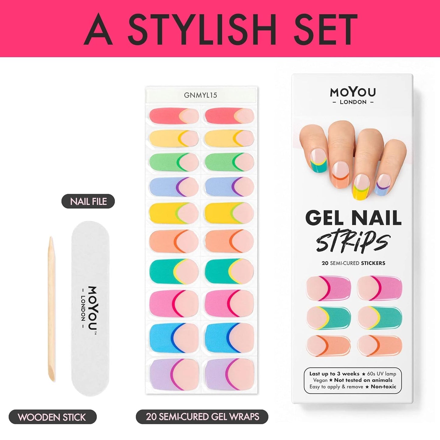 MOYOU LONDON Semi Cured Gel Nail Strips Flower 20 Pcs. UV Gel Nail Wraps for Salon-Quality Manicure, Easy to Apply, Trim, & Remove