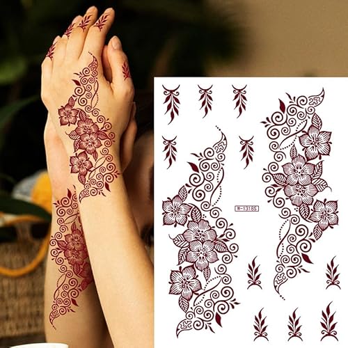 8 Sheets Brown Henna Tattoos Temporary Stickers Women Body Art Stickers for Wedding Party