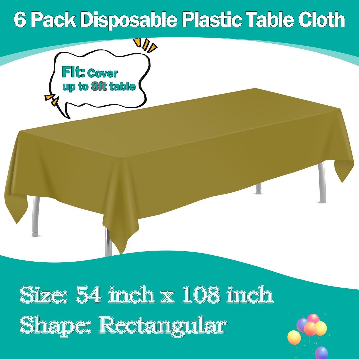 tujol Gold 6 Pack Plastic Table Cloth 54" x 108", Disposable Tablecloths Rectangle Table Cover, Plastic Table Cloths for Parties