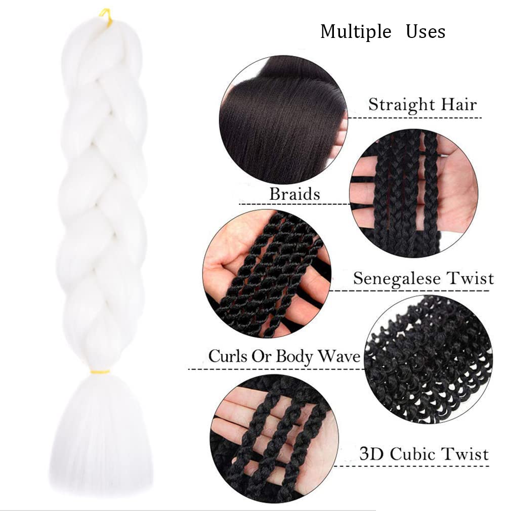 Jumbo Braiding Hair For Women and Girls 24 Inch Soft Braid Hair Extensions 3Packs Braiding Hair High Temperature Synthetic Fiber (white)