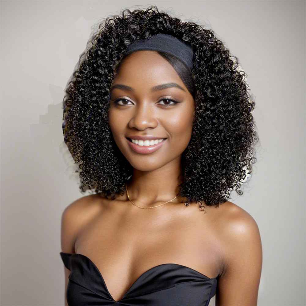 Pinketer Kinky Curly Headband Wig Human Hair None Lace Front Wigs for Black Women 150% Density Brazilian Virgin Human Hair Headband Wig Machine Made Natural Color (Headband Wig, 14inch)