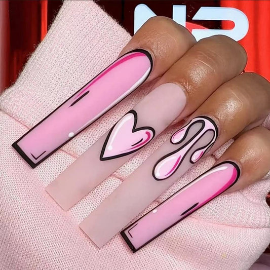 24 Pcs Press on Nails Long, Pink Coffin Fake Nails with Designs Full Cover False Nails Comic 2D Valentines Day Glue on Nails Matte Acrylic Nails DIY Fake Nails for Women Girls