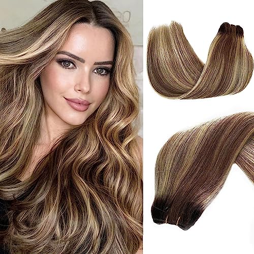 Weft Hair Extensions Human Hair, 16 inch 100g Ash Brown Highlighted Bleach Blonde Sew in Hair Extensions Real Human Hair Hand Tied Weft Hair Extensions Sew In Remy Hair Bundles Weave