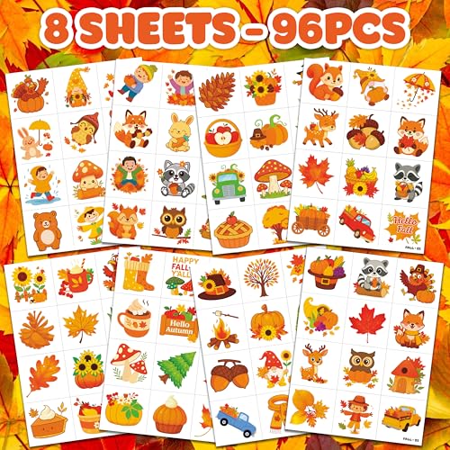 96 PCS Hello Thanksgiving Fall Autumn Pre-Cut Temporary Tattoos for Kids | Cute Themed Birthday Party Favors, Supplies, Decorations, Fake Tattoo Stickers, School Rewards Gifts for Boys Girls