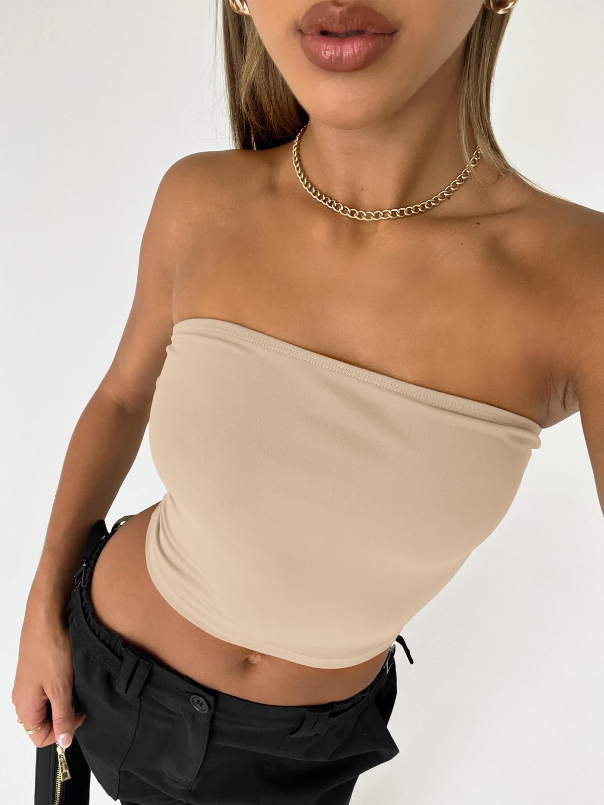 Trendy Queen Crop Tops for Women Bandeau Strapless Summer Vacation Outfits 2024 Sexy Tube Going Out Tops Basic Backless Cute Sleeveless Slim Fit Teen Girls Clothes Khaki