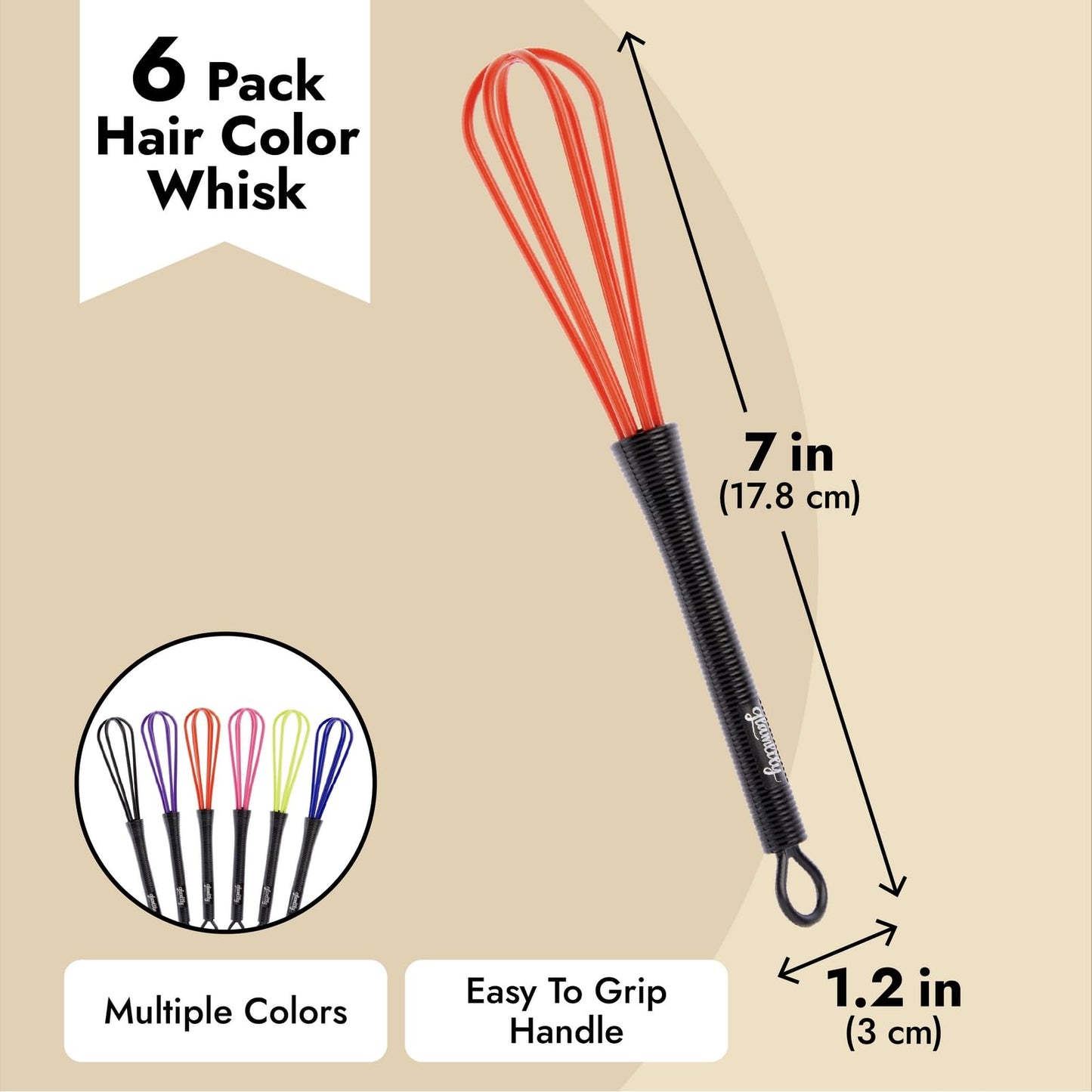 Glamlily 6 Pack Mini Hair Color Whisk for Dye Mixing, Salon Hairdressing, Home Use, 6 Colors (7 x 1.2 In)