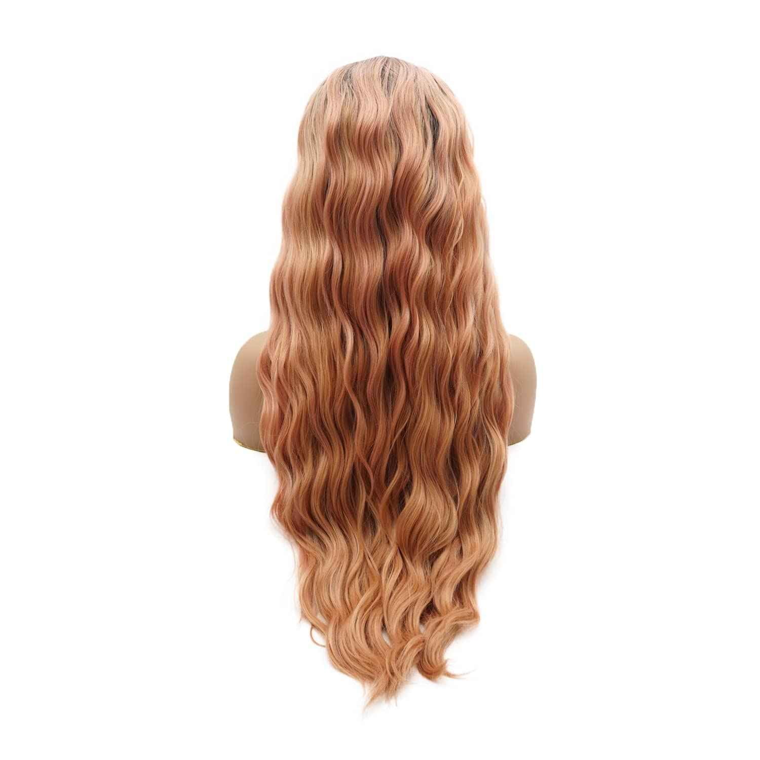 LUSHY BEAUTY Hair Synthetic Lace Front Wig Wavy Long 26inch Dark Root Rose Gold Ombre Heavy Density Heat Resistant Realistic Wig