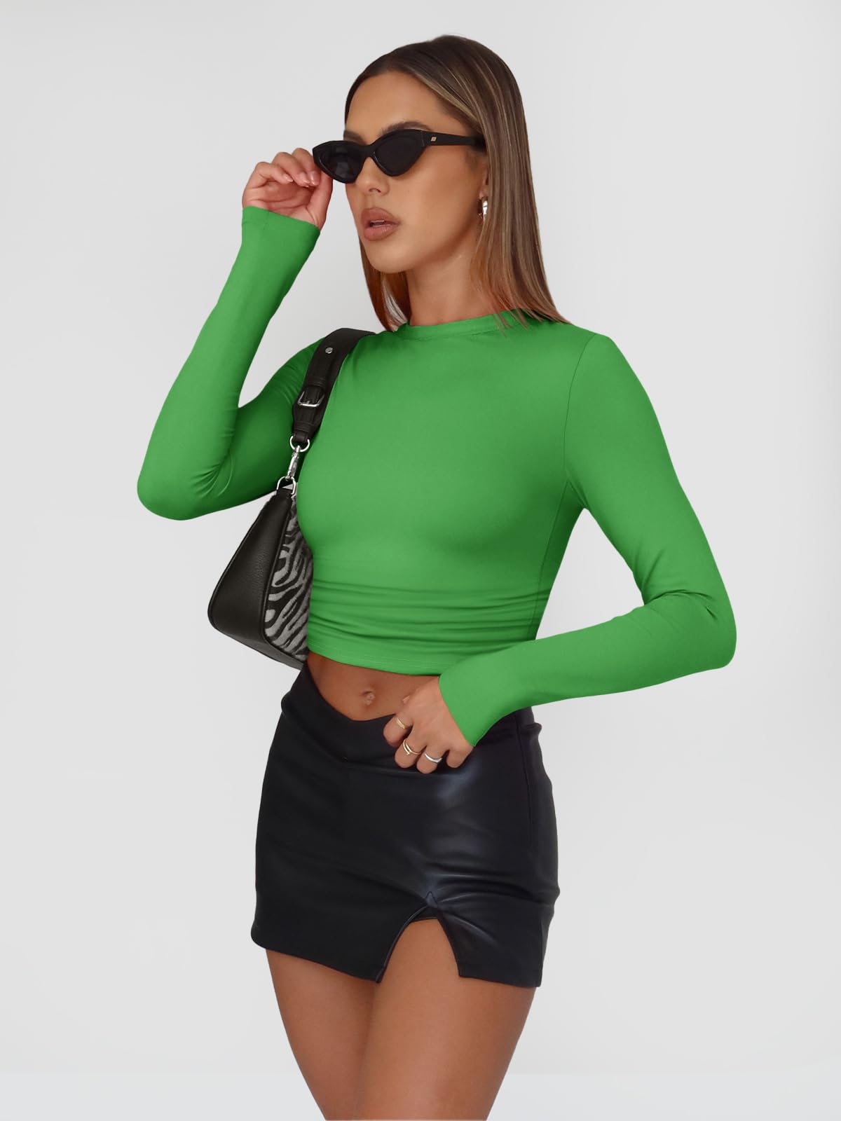 Trendy Queen Womens Long Sleeve Shirts Basic Spring Crop Tops Tees Tight Slim Fit Cute Going Out Outfits Teen Girls Fall Winter Y2k Clothes 2024 Green XS