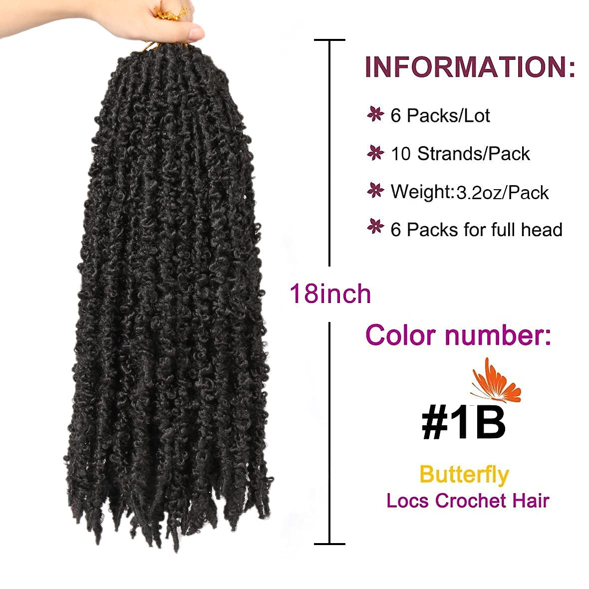 ZRQ Butterfly Locs Crochet Hair 18 Inch 6 Packs Pre Looped Distressed Crochet Braids Most Natural Hair Extension for Black Women (18 Inch,1B)