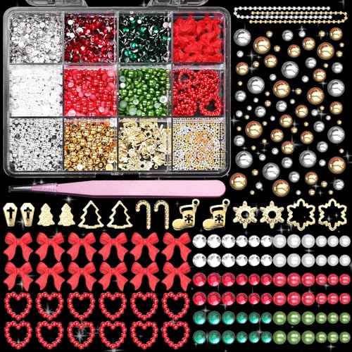 Red Heart Nail Charms, Bow Charms, Acrylic Art Charms, Pearl Beads, Gold Studs Gems for Nails