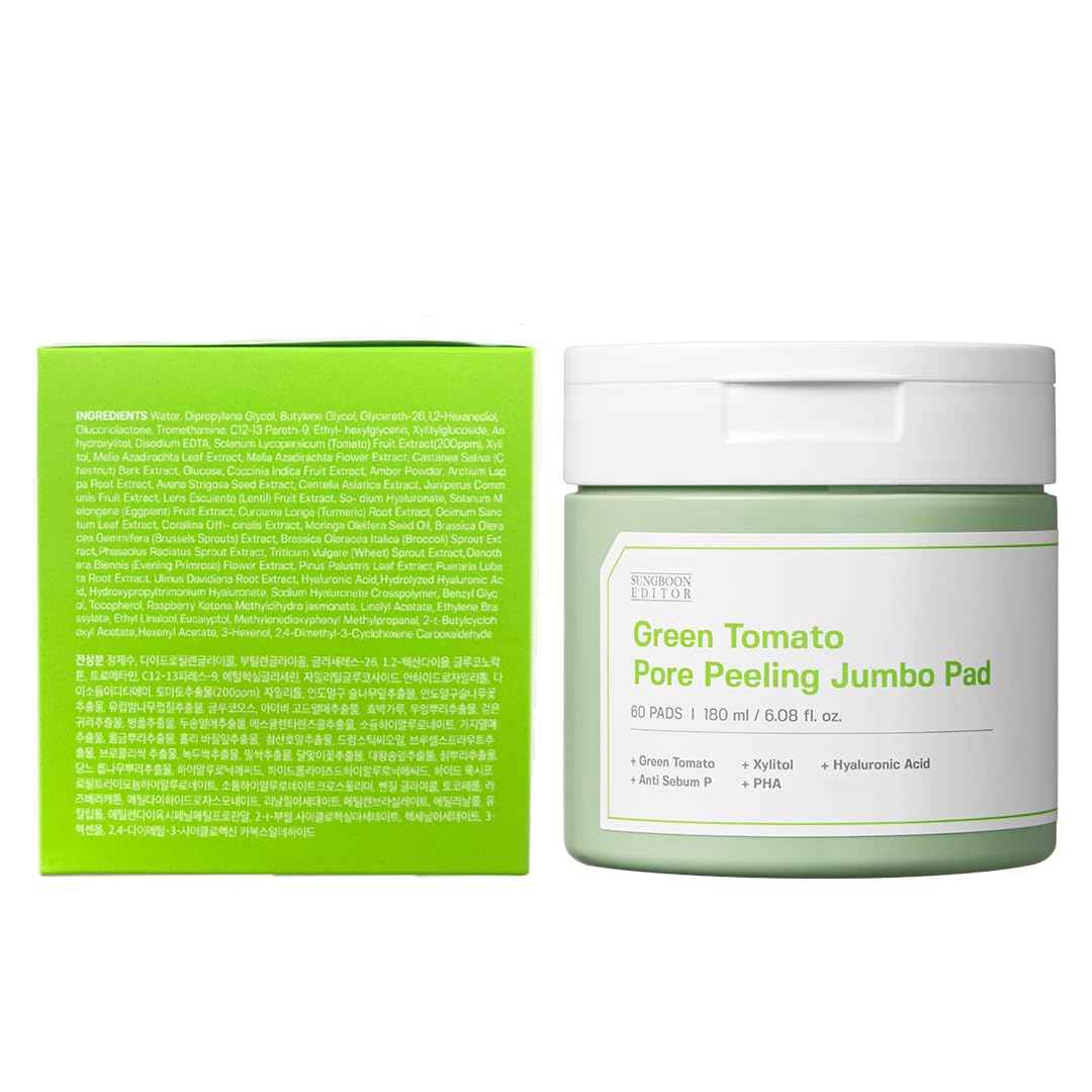 SUNGBOON EDITOR Green Tomato Pore Peeling Pad 60 Sheets | Exfoliating PHA Toner Pads with Green Tomato & Hyaluronic Acid | Pore Minimizer for Face | Korean Skincare