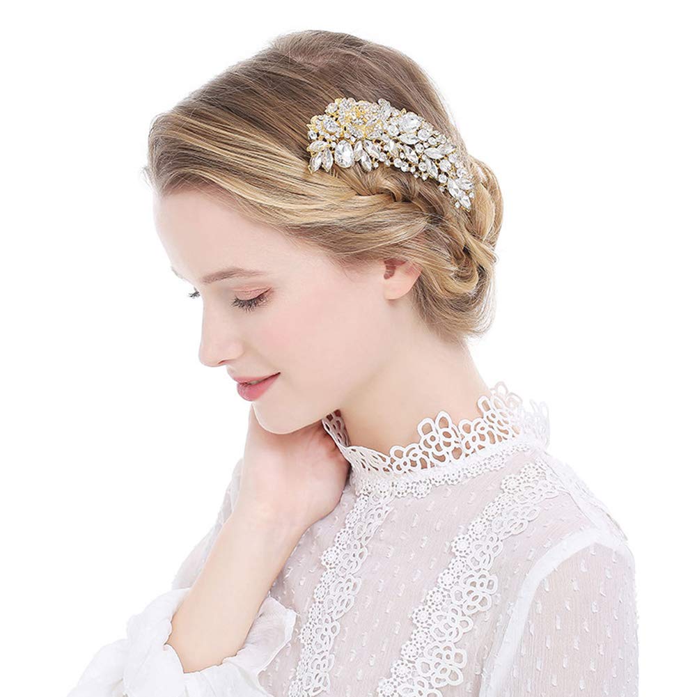 Sparkle Crystal Bridal Hair Comb Womens Rhinestone Wedding Hairpin Hair Clips (Gold)