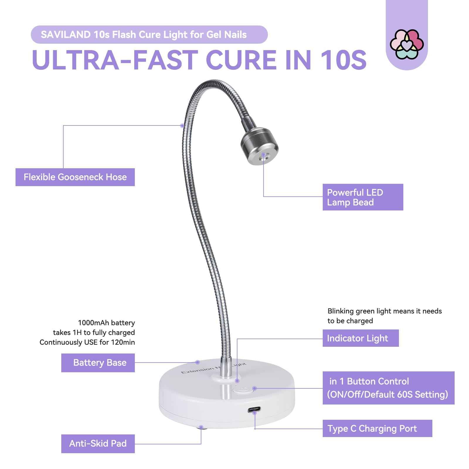 SAVILAND Gooseneck U V Lamp for Gel Nails:Touch Switch 12W U V Nail Lamp 5S Quick Drying LED Fast Curing Lamp Rechargeable Gel Lamp 3Timers Setting 360° Adjustable Home Salon Manicure Nail Dryer