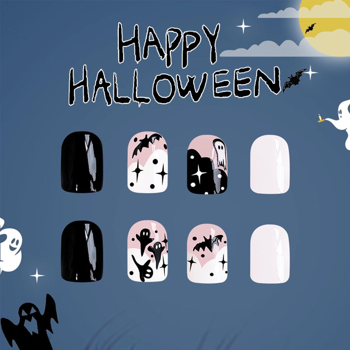 Halloween Press on Nails Short Square Halloween Fake Nails with Ghost Bats Design Black White French Tips False Nails Glossy Glue on Nails Cute Halloween Acrylic Stick on Nails for Women 24Pcs