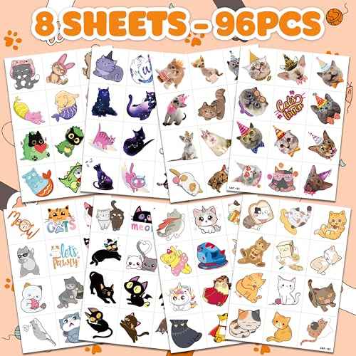 96 PCS Cat Cats Pet Pre-Cut Temporary Tattoos for Kids | Super Cute Themed Birthday Party Favors, Supplies, Decorations, Animal Paw Fake Tattoo Stickers Gifts for Boys Girls Rewards