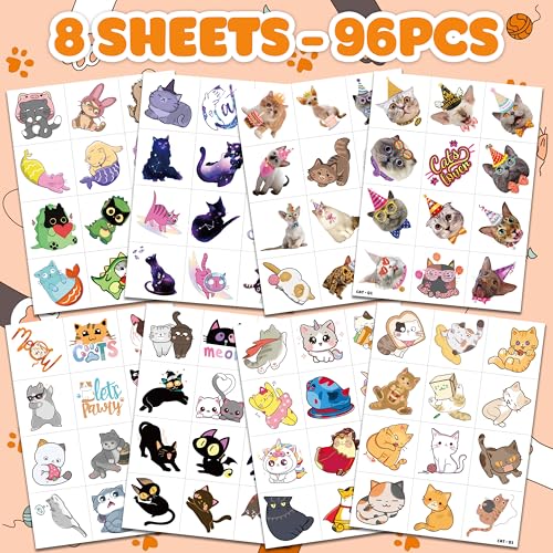96 PCS Cat Temporary Tattoos for Kids - Party Favors