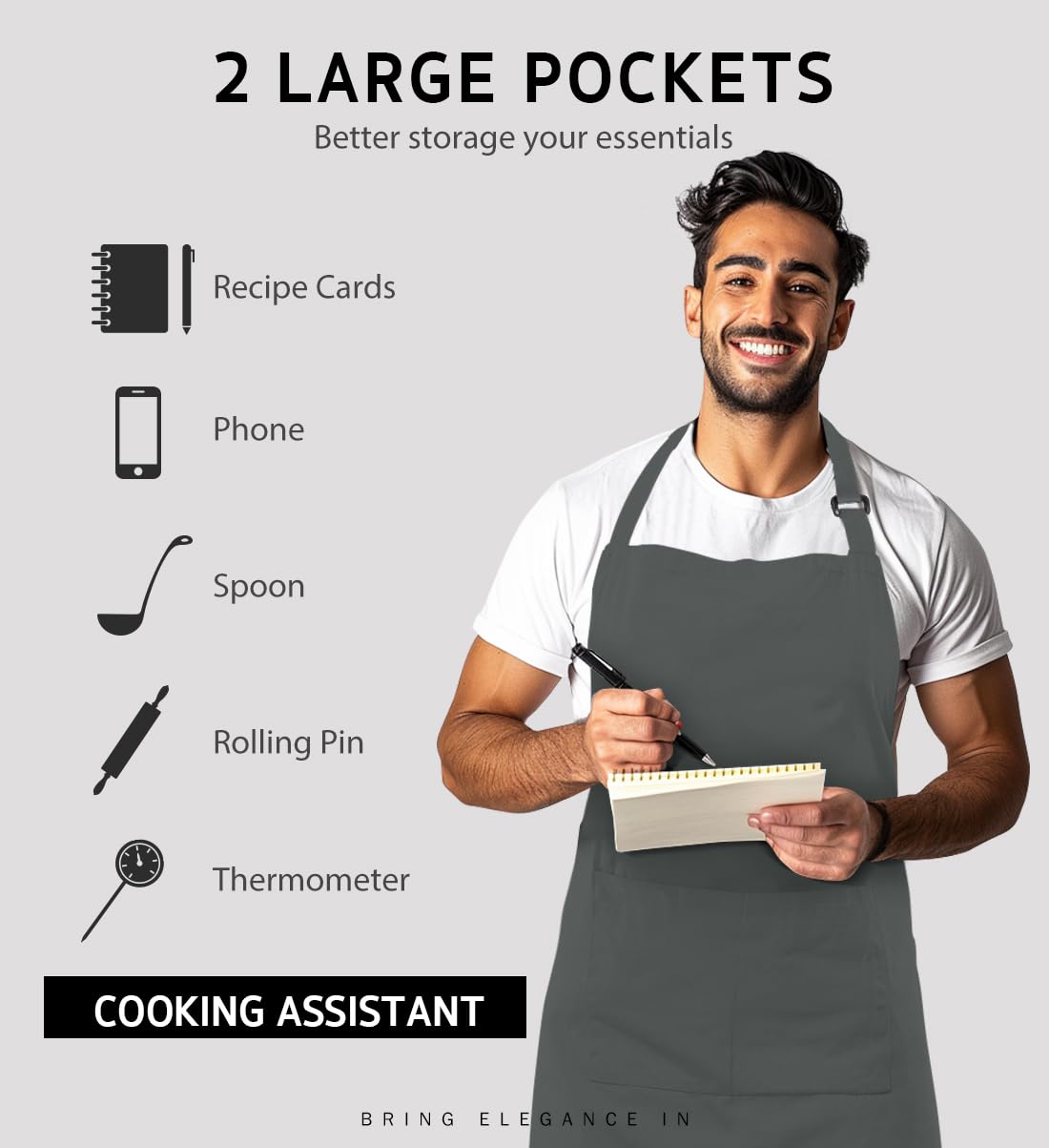 Syntus 2 Pack Adjustable Bib Apron Waterdrop Resistant with 2 Pockets Cooking Kitchen Aprons for BBQ Drawing, Women Men Chef, Grey