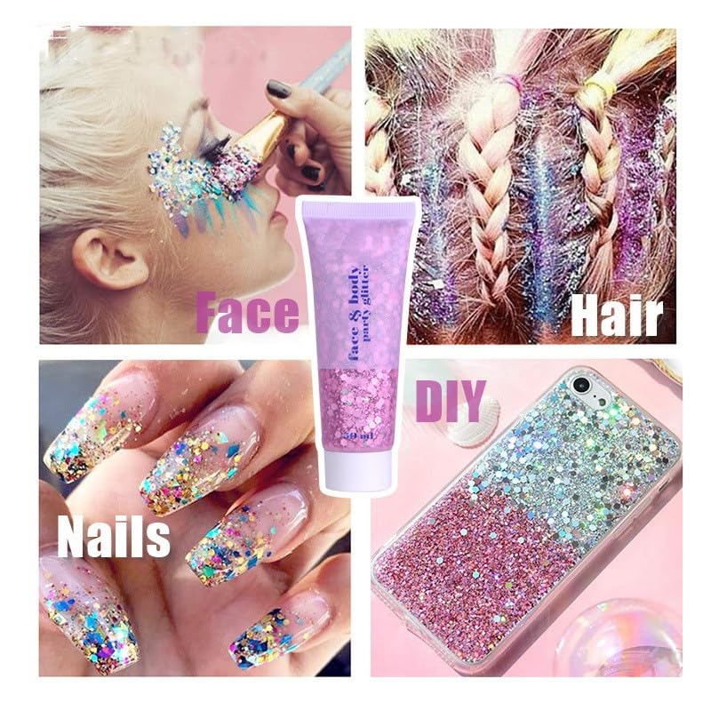 3 Color Face Glitter Gel, Body Glitter, Neon Outfit Glow Party, for Women Face Body Glitter Makeup. (01#Blue+ 03#Pink+06#White)