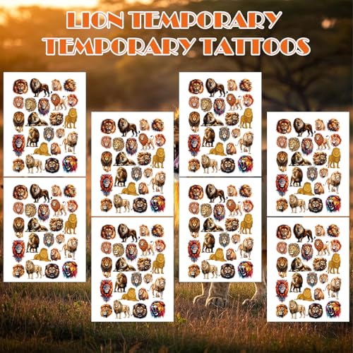 Lion Temporary Tattoo Stickers for Kids, 8 Sheets