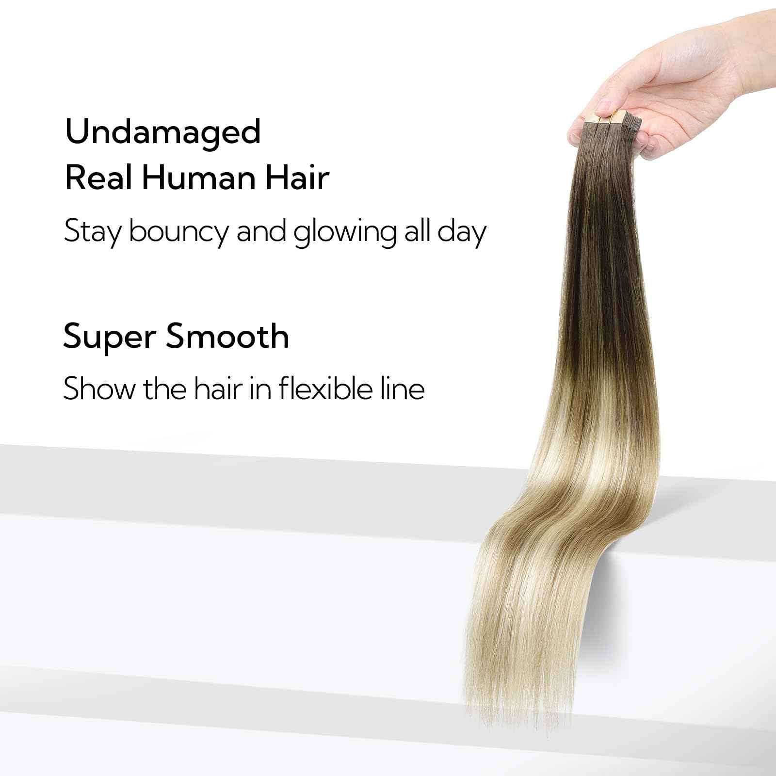 HOTBANANA Tape in Hair Extensions, 16 Inch 20pcs 50g Ombre Walnut Brown to Ash Brown and Bleach Remy Tape in Real Human Hair Extensions Straight