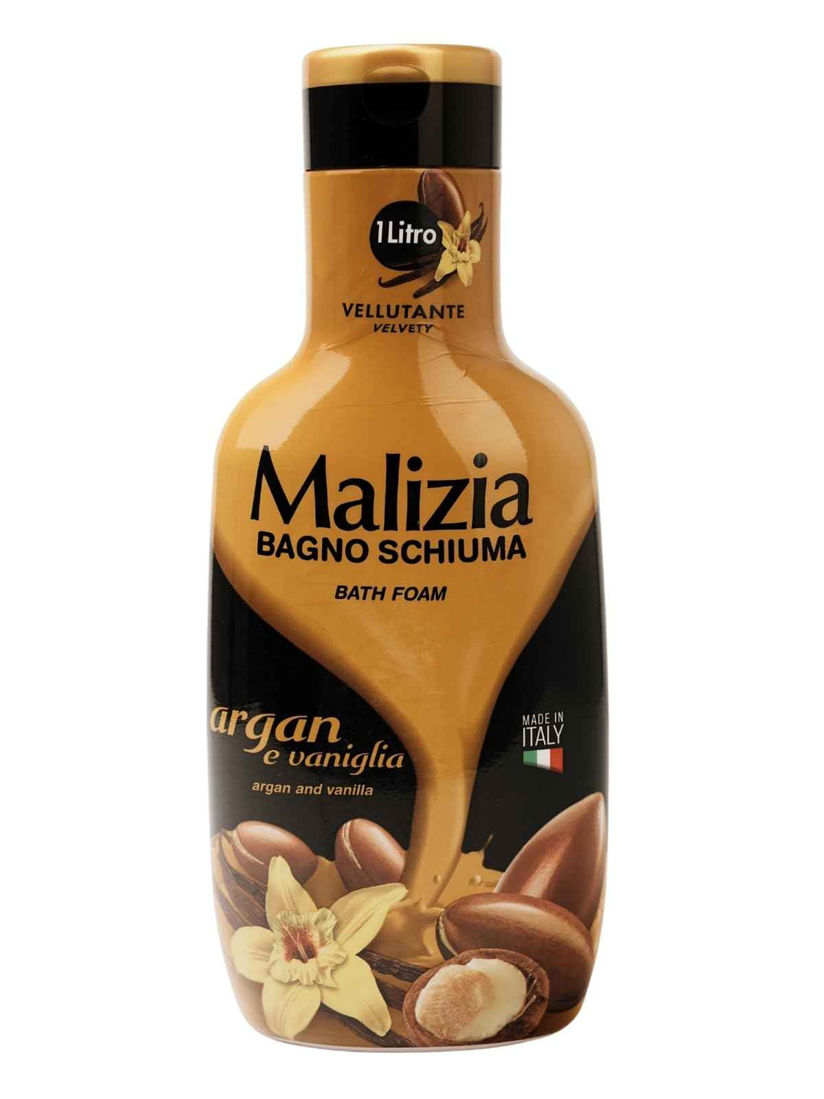 Malizia: Velvety Bath Foam, Argan and Vanilla Scent 33.8 Fluid Ounce (1000mL) Bottle [ Italian Import ]