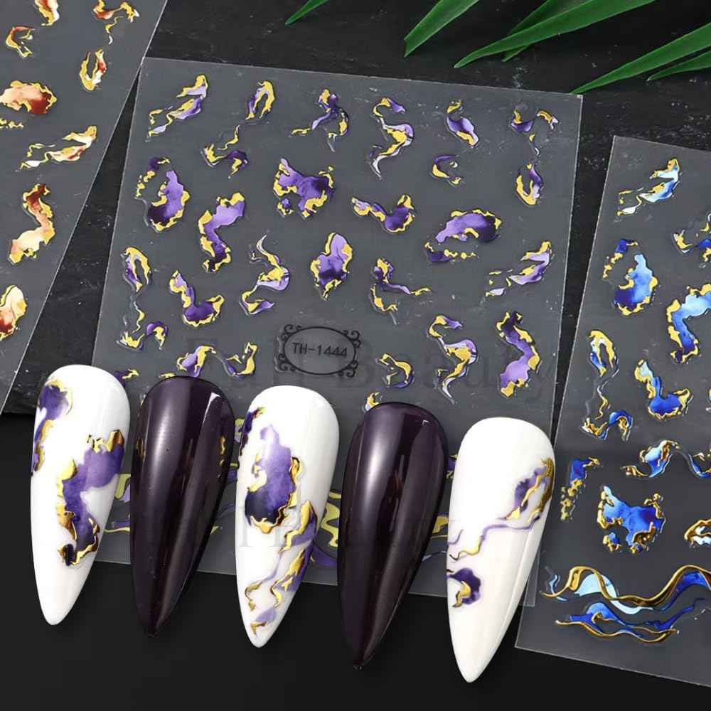 3D Bronzing Gold Marble Nail Art Stickers, 6pcs Blue Purple Irregular Gild Stamping Decals for Women Designs, Self Adhesive Accessories