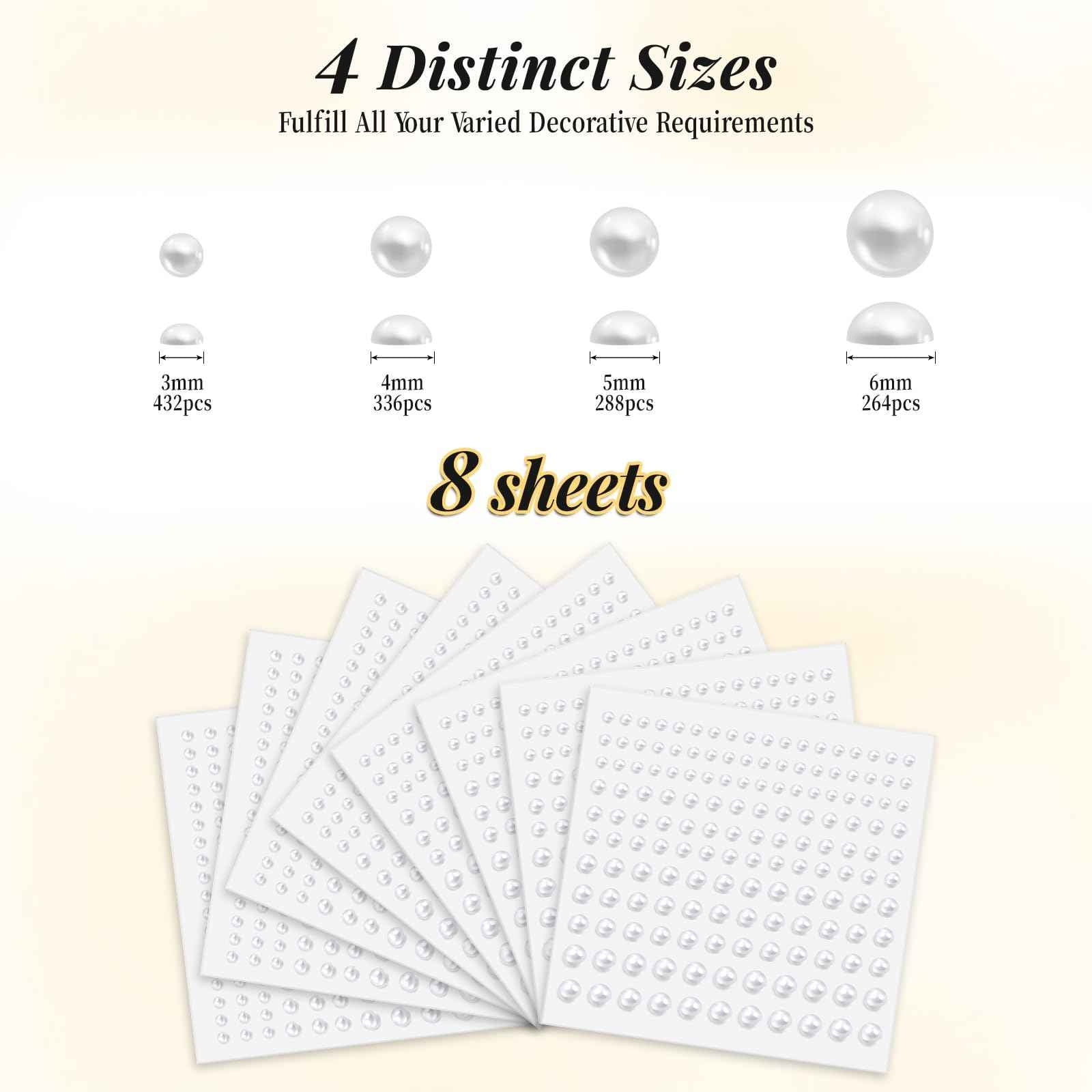 Pearl Stickers for Hair Decoration, Self-Adhesive Gems, 3-6mm White Jewels, Face Body Nail Art Craft (1320)