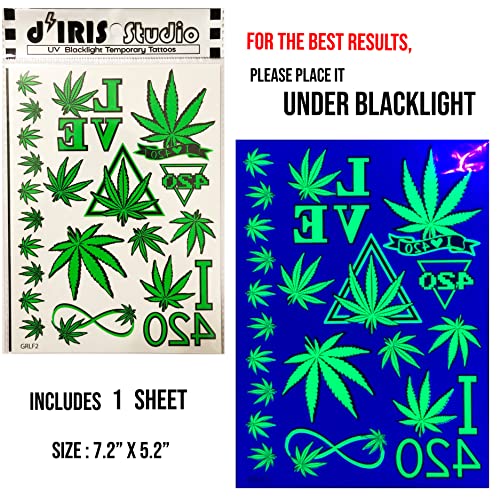 Temporary Blacklight tattoos- Neon Green Weed 420 leaf Design Body UV Blacklight Reactive Rave Festival Music EDC EDM Party Tattoo
