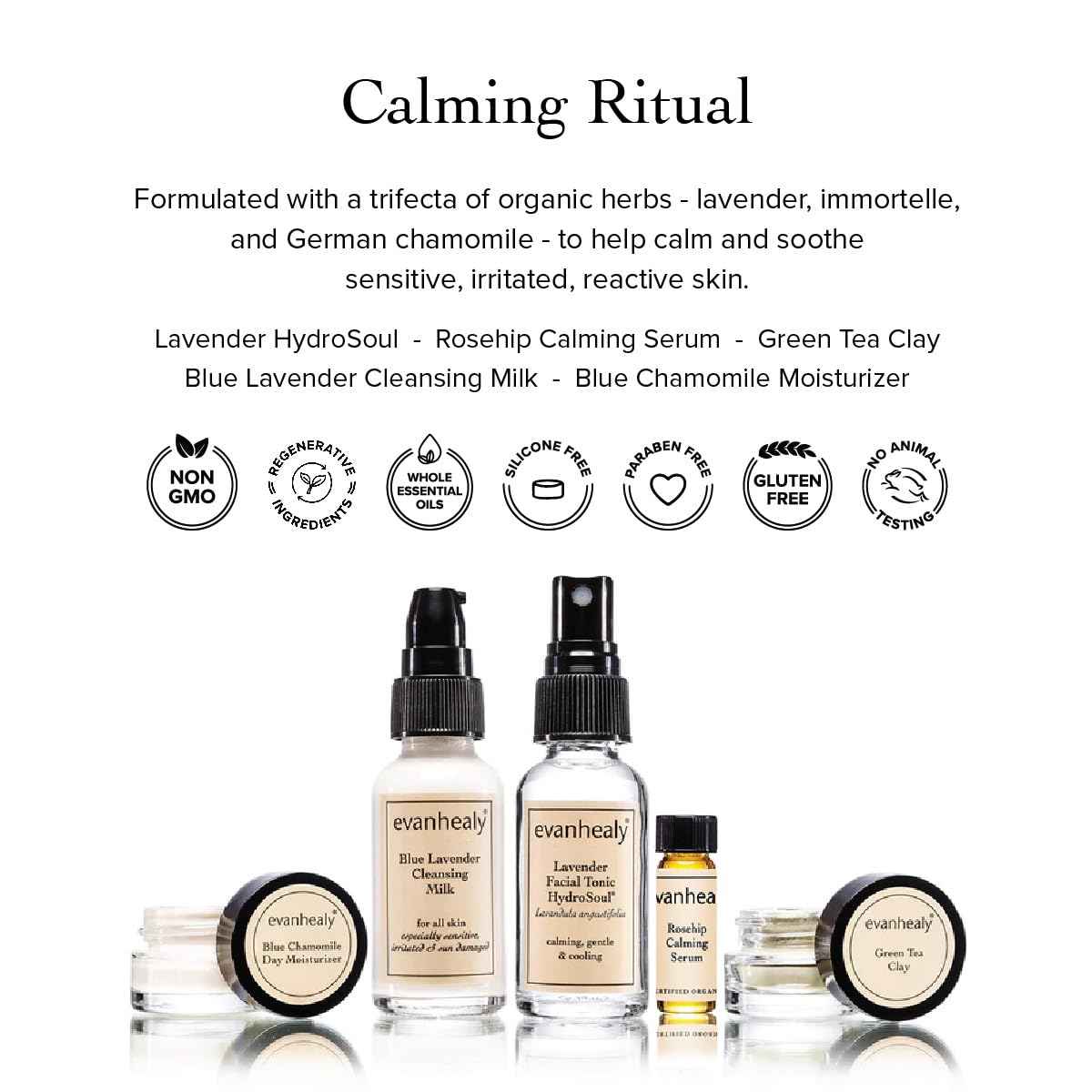 evanhealy Calming Ritual | Blue Skin Care Set | 5 Piece Travel Face Care Kit for Sensitive Skin | Skincare Kit with Facial Mask & Gentle Skin Cleanser | Soothe Reactive Skin