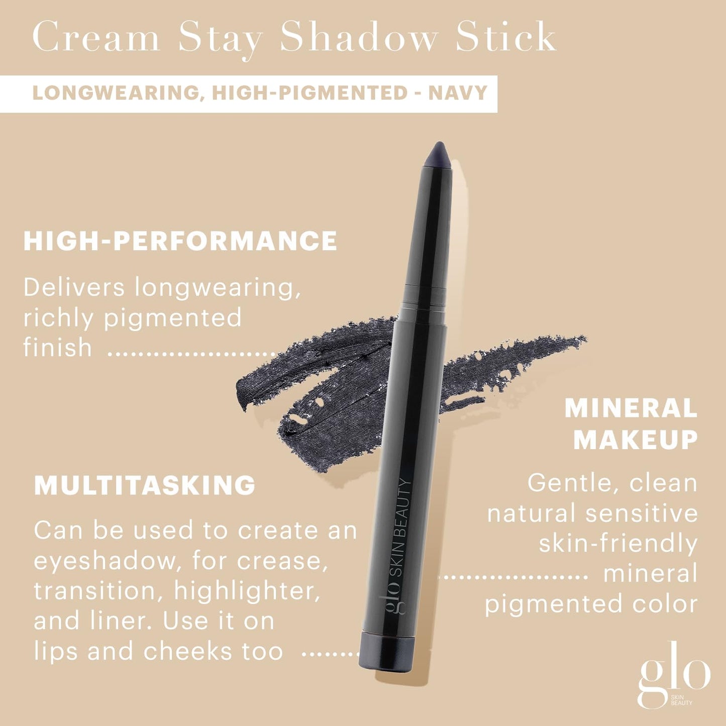 Glo Skin Beauty Cream Stay Shadow Stick (Navy) - Multi-Purpose Eyeshadow Mineral Makeup Can Also Be Used as Liner on Lips or Cheeks, 12-Hours of Wear