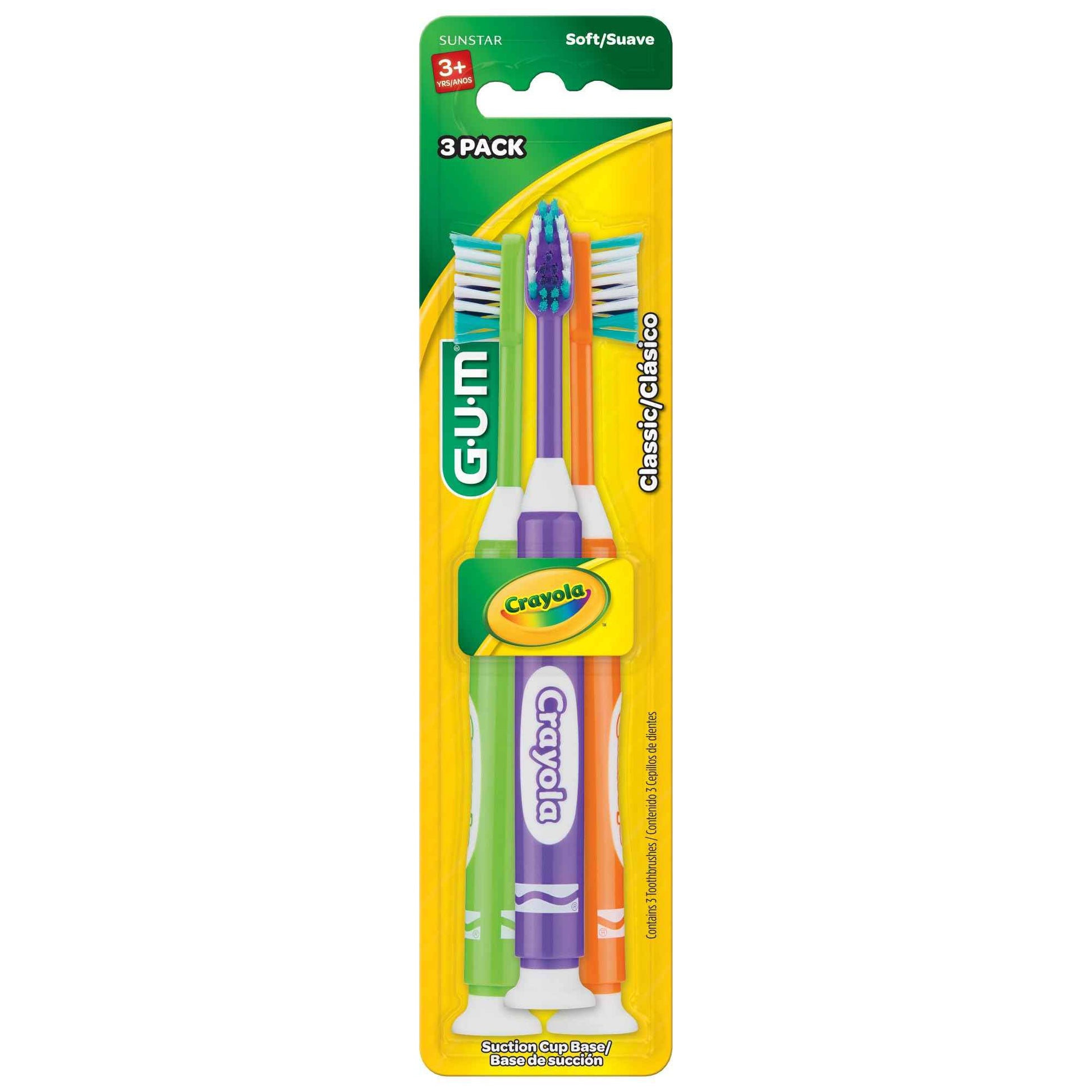 GUM Crayola Marker Children’s Toothbrush, Soft Bristled Kids’ Toothbrush Set Age 5+, Suction Cup Base, 3ct (6pk)