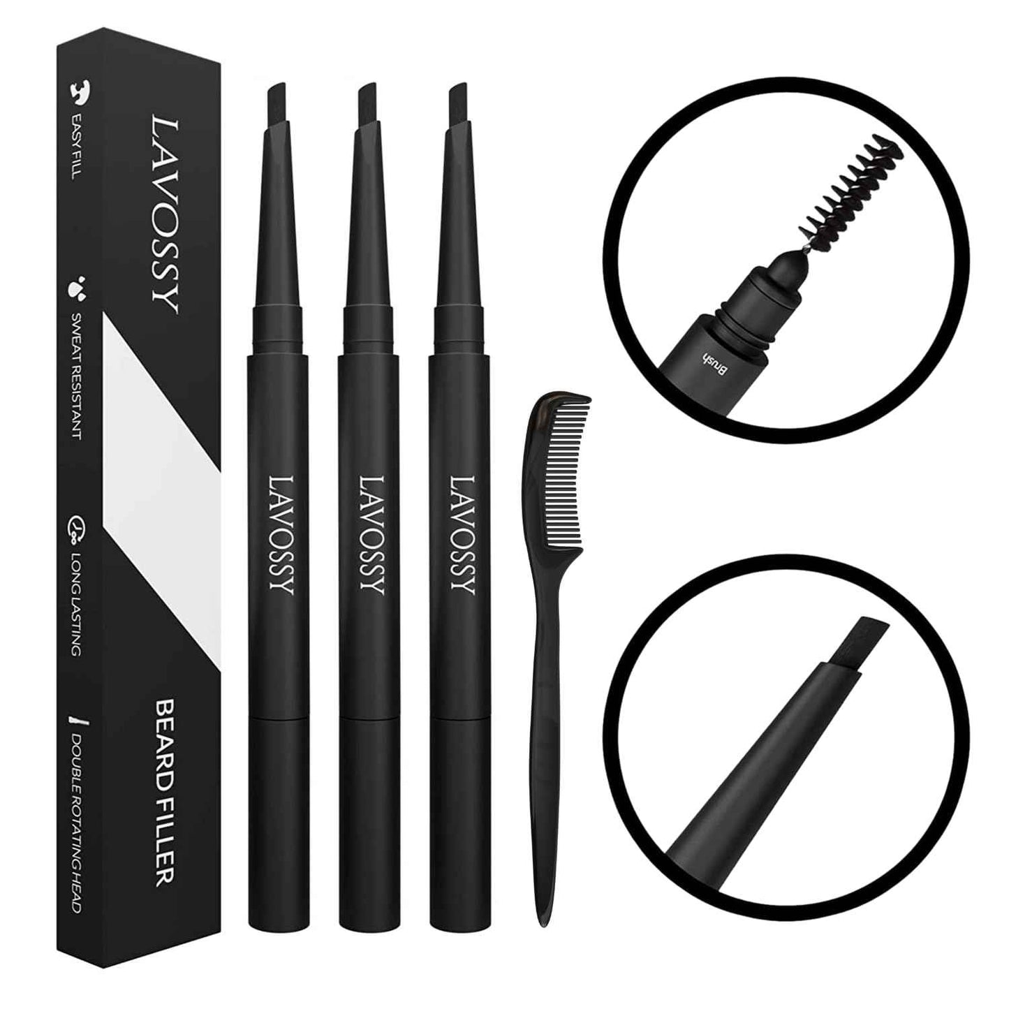 LAVOSSY Beard Pencil Filler for Men - Black, Pack of 3 - Long Lasting and Easy to Use with Blending Brush, Water/Sweat Proof, Fills Patchy Beard, Moneyback Promise