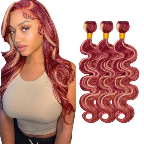 Blonde Bundles Human Hair Highlight Body Wave Bundle 18 20 22 Inch Same Length Peruvian Virgin 2 Tone 613 Mixed With 99J Bundles Red Hair Extensions