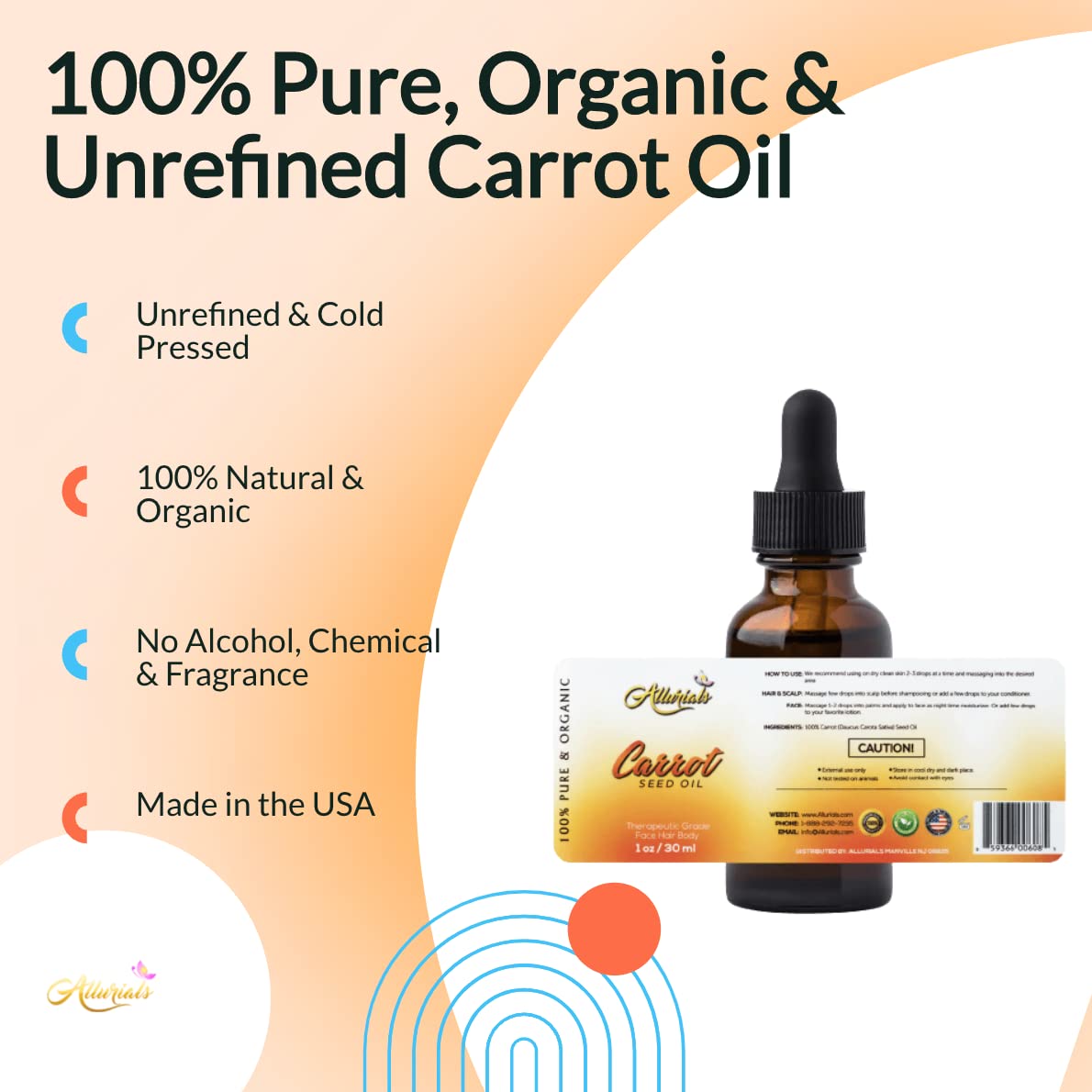 Allurials Carrot Seed Oil – 100% Pure & Organic, Unrefined, Cold Pressed, All Natural, aceite de zanahoria - Daucus Carota- Essential Carrot Moisturizer for Skin, Face and Hair Growth (1 Oz)