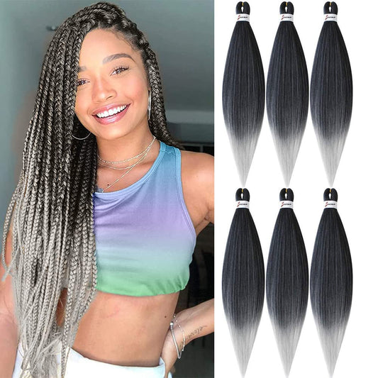 MSBELLE Pre Stretched Braiding Hair 20-inch Braid Hair Synthetic Ombre Braiding Hair Bundles Top Silky Hair Extensions Yaki Texture Hair Hot Water Setting Black To Silver Grey 6 Packs/Lot(T1b/silver)