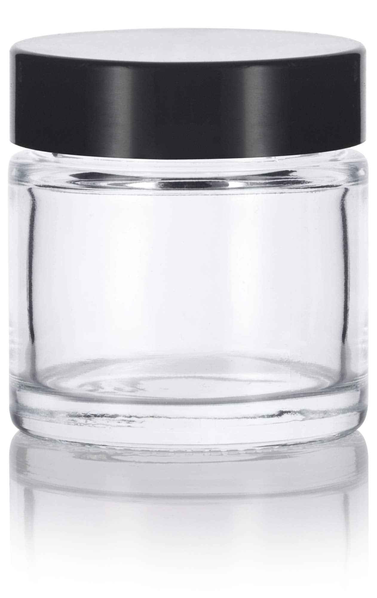 JUVITUS 1 oz / 30 ml Clear Thick Glass Straight Sided Jar With Black Lids (6 pack)