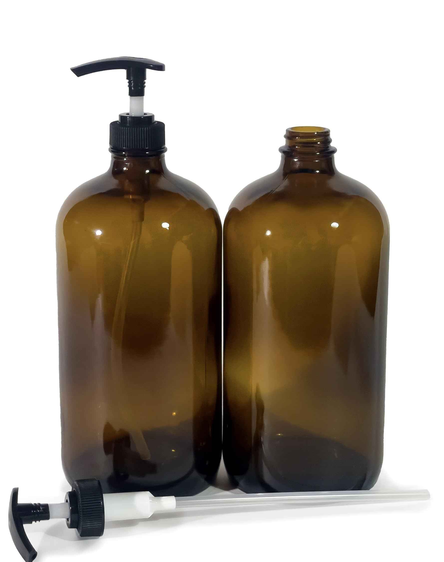 Vivaplex, 2, Large, 32 oz, Empty, Amber Glass Bottles with Black Lotion Pumps