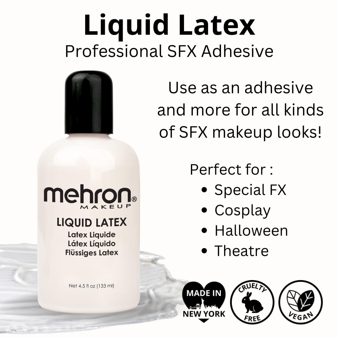 Mehron Makeup Liquid Latex | SFX Makeup | Halloween Latex Makeup | Latex Glue for Skin | Prosthetic Glue 4.5 fl oz (133 ml) (Clear)