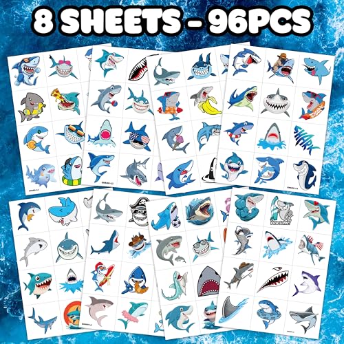 96 PCS Shark Pre-Cut Temporary Tattoos Sticker Sea Animal Fish Under The Sea Ocean Birthday Party Decorations Decor Favors Supplies Gifts Boys Girls Cute Fake Tattoo School Reward Themed (Normal)