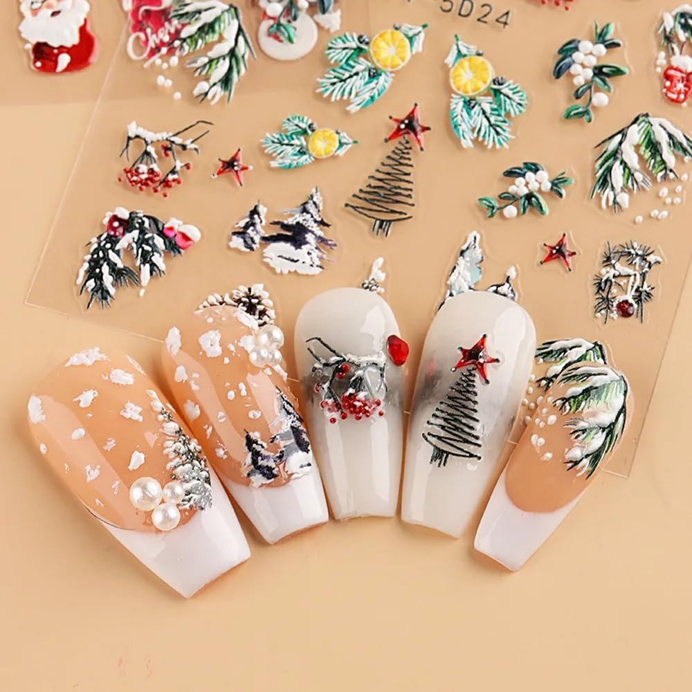 Christmas Nail Art Stickers Decals Deer 5D Embossed Nail Decals 6PCS Santa Claus Winter Snowy Tree Penguin Snowman Christmas Nails Design Holiday Nail Sticker for Manicure Nail Art Decoration Supplies