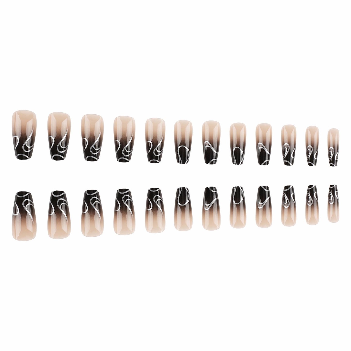 MERVF Coffin Press on Nails Long Fake Nails Press ons Black Ombre French Tip Stick on Nails with Striped Design Ballerina Acrylic False Nails Glossy 24pcs