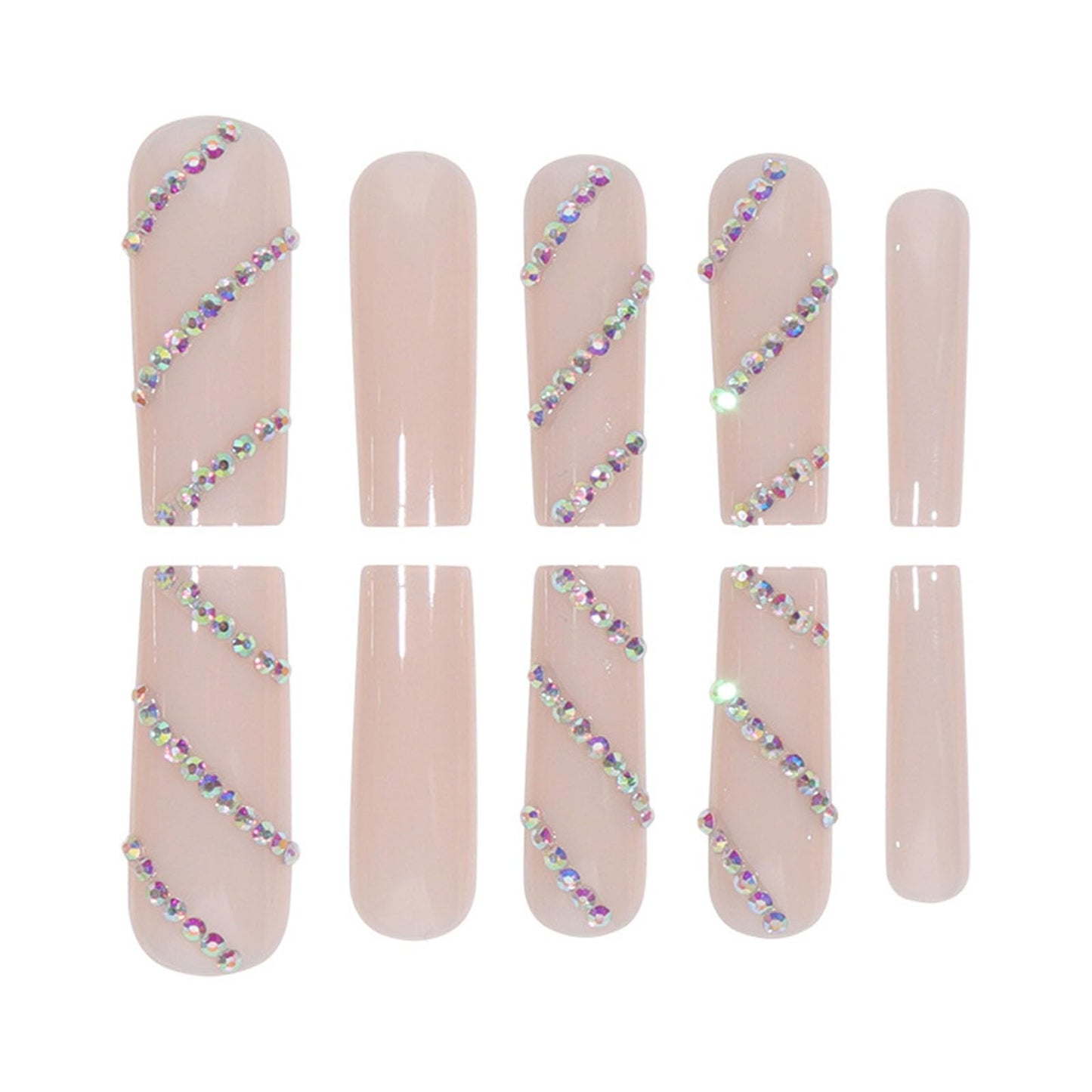 IMRAIN Rhinestone Press on Nails Long Square Fake Nails Nude Glossy Glue on Nails Full Cover Sparkling Squoval Acrylic False Nails for Women 24Pcs Natural Artificial Nails Press ons