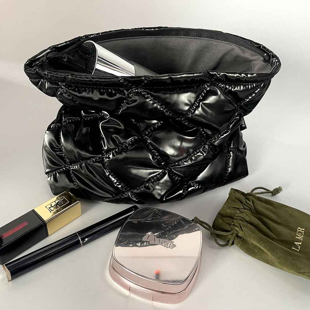 WANNES Cute Cosmetic Bag for Women, Soft and Fluffy Travel Makeup Bag with Durable Zipper, Essential Skincare and Toiletry Organizer Pouches (Black)