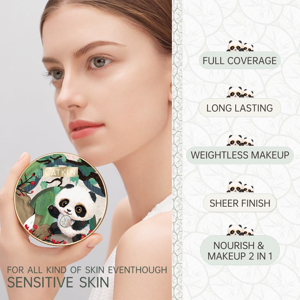 CATKIN Panda Land Full Coverage Cushion Fondation, Breathable Hydrating Nourishing Poreless Face Makeup Save for Sensitive Skin,Sheer Finish (C01 Fair)