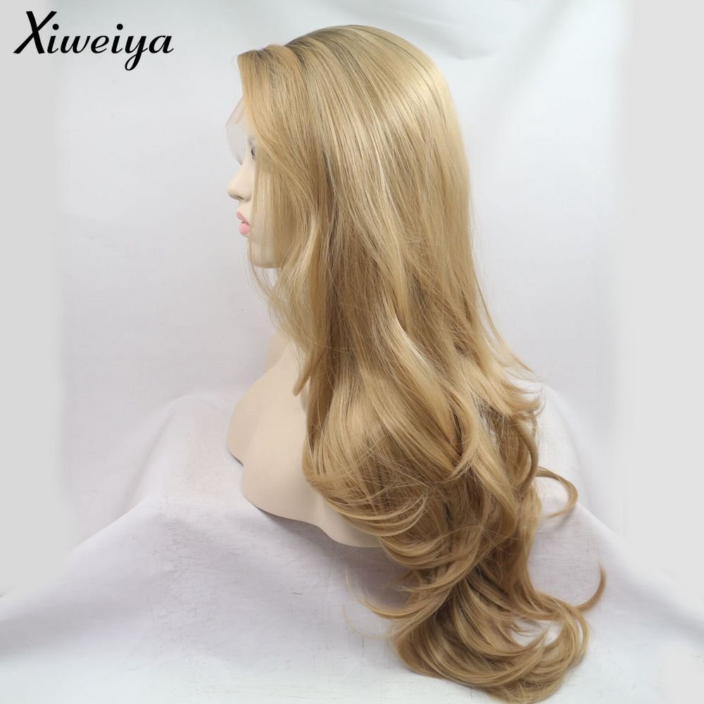 xiweiya Long Natural Wave Ombre Brown Blonde Synthetic Lace Front Wigs with Brown Roots 2 Tones Side Part Wig Heat Resistant Fiber Hair Wigs For Women Replacement Everyday Wigs 24"(Blonde)