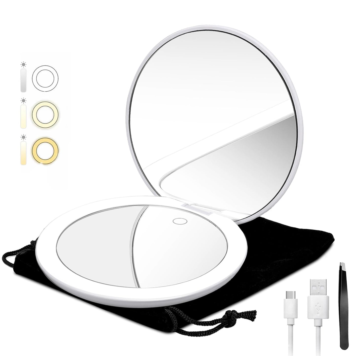 Rechargeable Compact Lighted Travel Makeup Mirror - 5-inch 1x/10x Magnifying Compact Mirror - Touch Screen, 3 Color Lighting & Brightness Stepless Dimmable, w/ Tweezers & Portable Bag, Ideal Gift