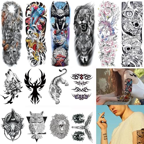 Christmas 6 Sheets Full Arm and 8 Sheets Half Arm Temporary Tattoos for Men Adults, Flower Temp Tattoos Sleeve For Women, Waterproof Body Arm Chest Shoulder Floral Fake Tattoo Stickers