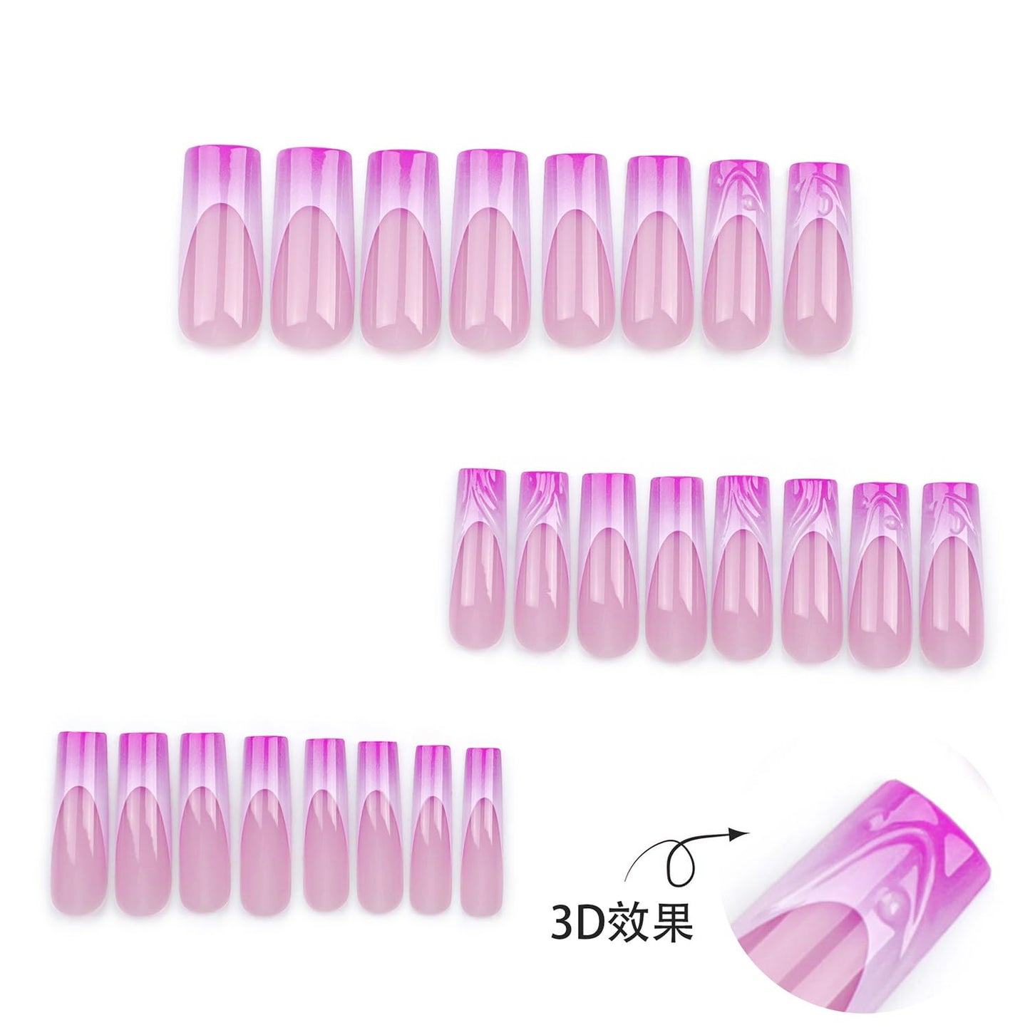 24 Pcs Long Coffin Press on Nails Nude Pink Fake Nails French Tip False Nails with Fink Purple Gradation Designs Fake Nail 3D Water Ripple Acrylic Nails Full Cover Glue on Nails for Women and Girls