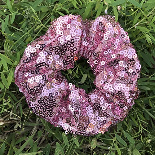 4 Pcs Sequin Hair Scrunchie Hair Bobbles Metallic Elastics Ponytail Holders Hair Wrist Ties Bands Cloth Scrunchies for Show Gym Dance Party Club Girl Women (Black+Pink)