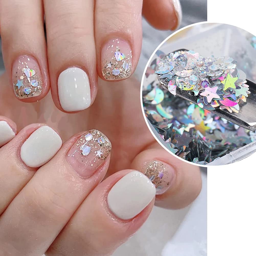 Holographic Nail Art Glitter Sequins, Shinning Heart Nail Supplies 6 Grids Laser Silver Nail Decals 3D Holographic Nail Sequin Star Moon Nail Art Sticker Confetti Flakes for Acrylic Nails Decorations